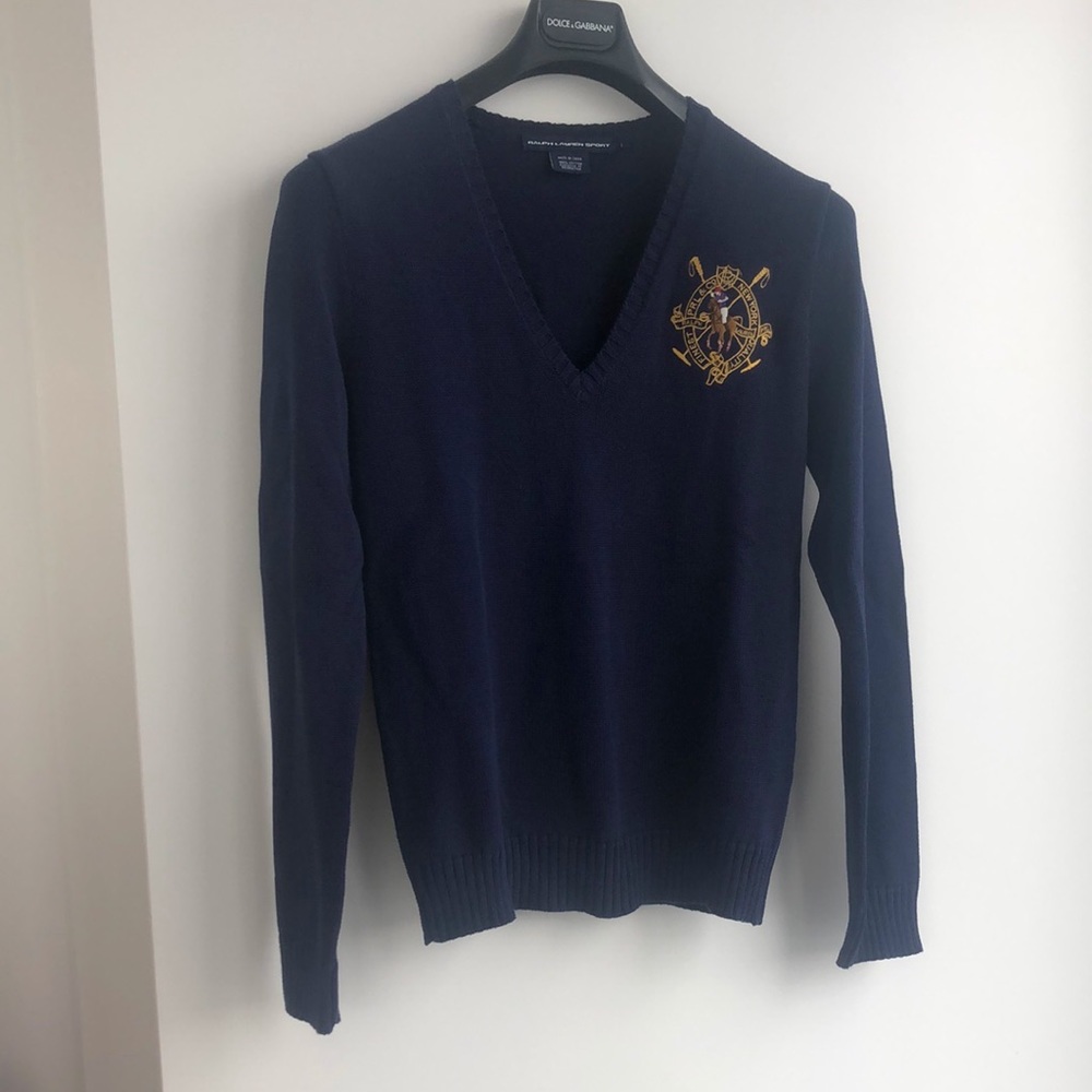 NWOT RALPH LAUREN SPORT Navy V Neck Logo Sweater,L